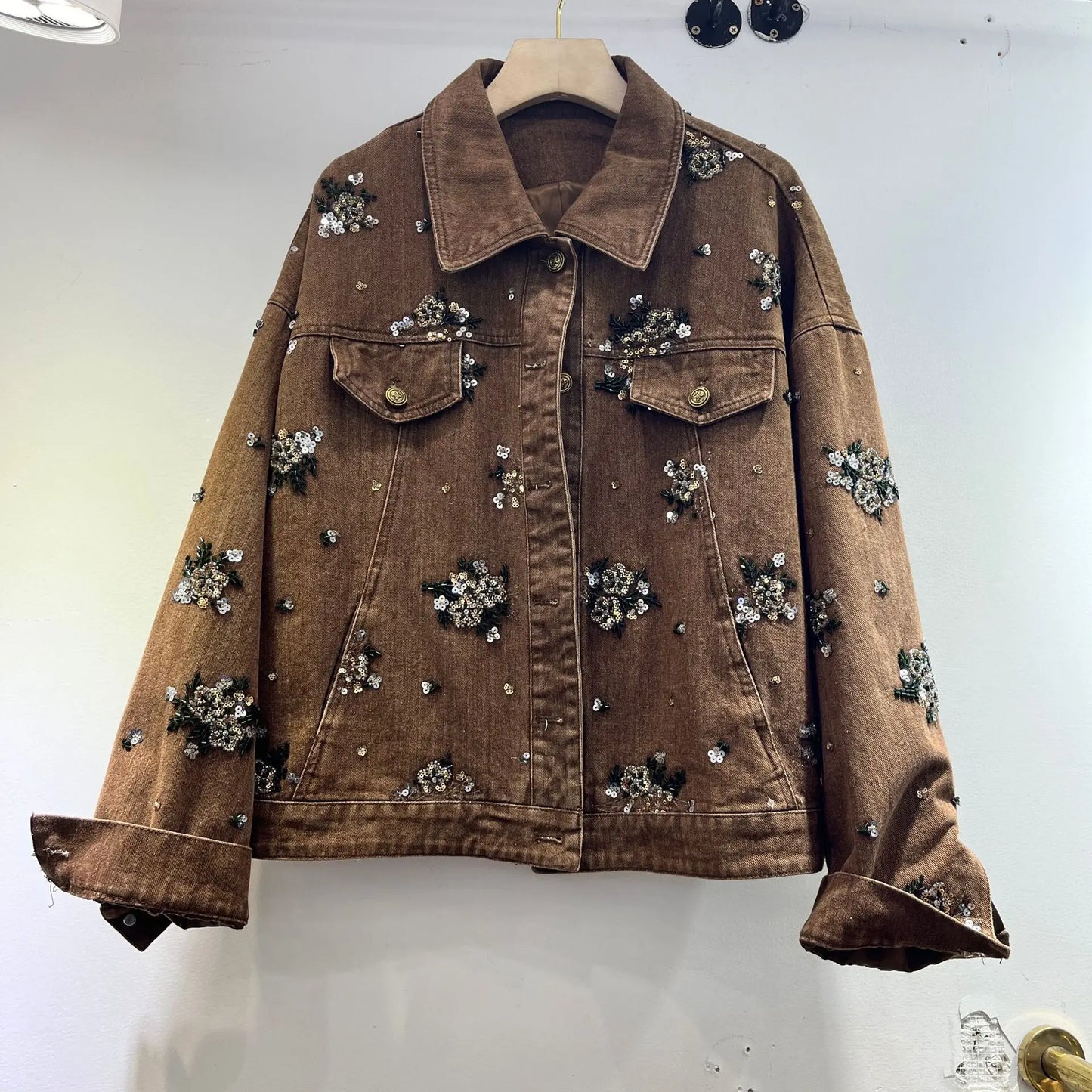 Distressed Denim Jacket With Rhinestone Embellishments For Women