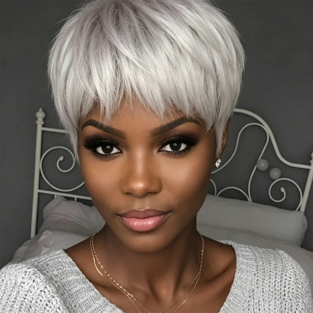 Silver Gray Textured Pixie Human Hair Wig for Women