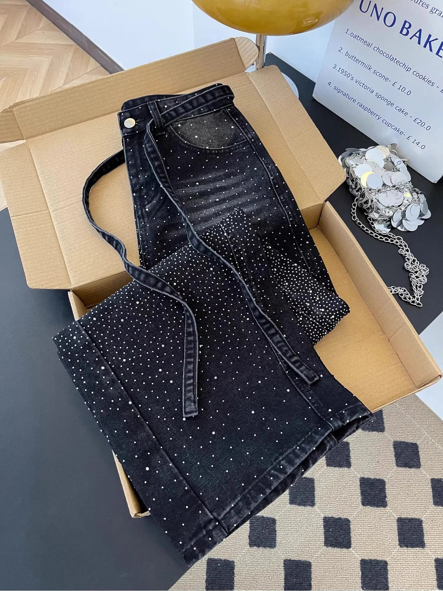Glittering Rhinestone Wide Leg Denim Pants for Women