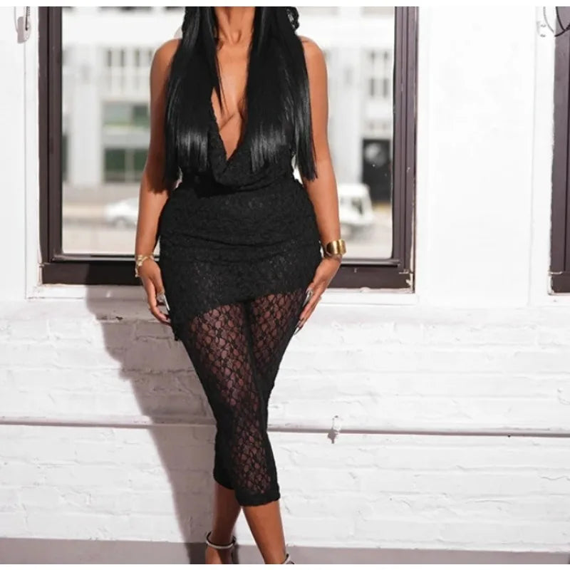 Elegant Lace See Through 2 Piece Set Woman Hooded Halter Swing Collar Large Backless Tops Skirt & Pants Suit Party 2025 Summer