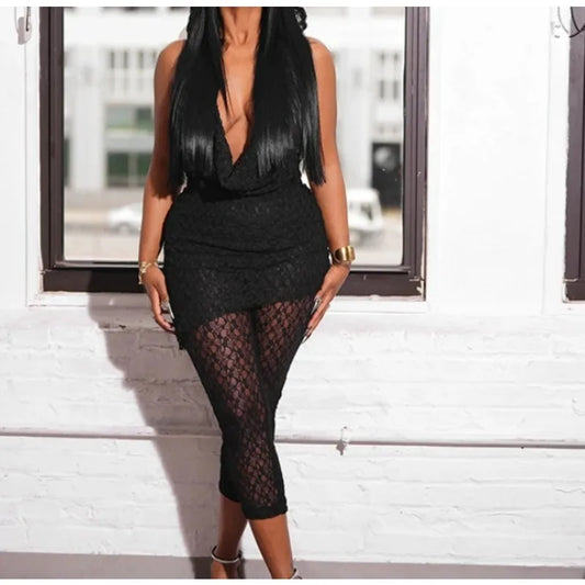 Elegant Lace See Through 2 Piece Set Woman Hooded Halter Swing Collar Large Backless Tops Skirt & Pants Suit Party 2025 Summer