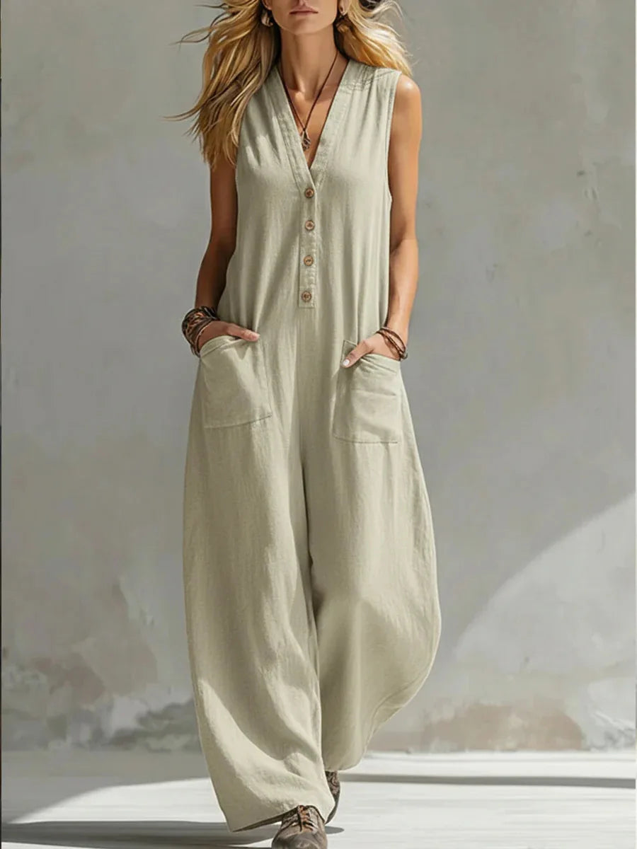 Sleeveless V Neck Loose Wide Leg Casual Jumpsuit For Women