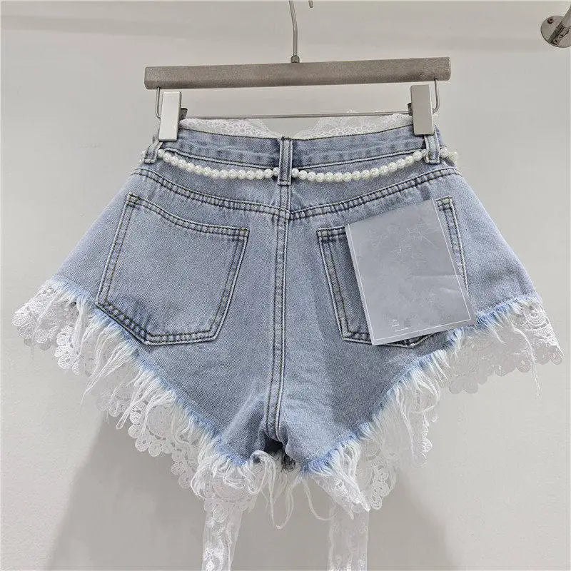 Casual High Waisted Crochet Lace Denim Shorts For Women