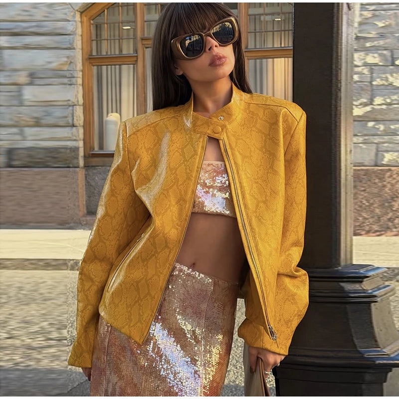 Retro Snake Print Faux Leather Cropped Jacket for Women