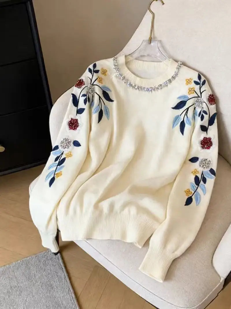 Floral Embroidered Crystal Detail Sweater for Women