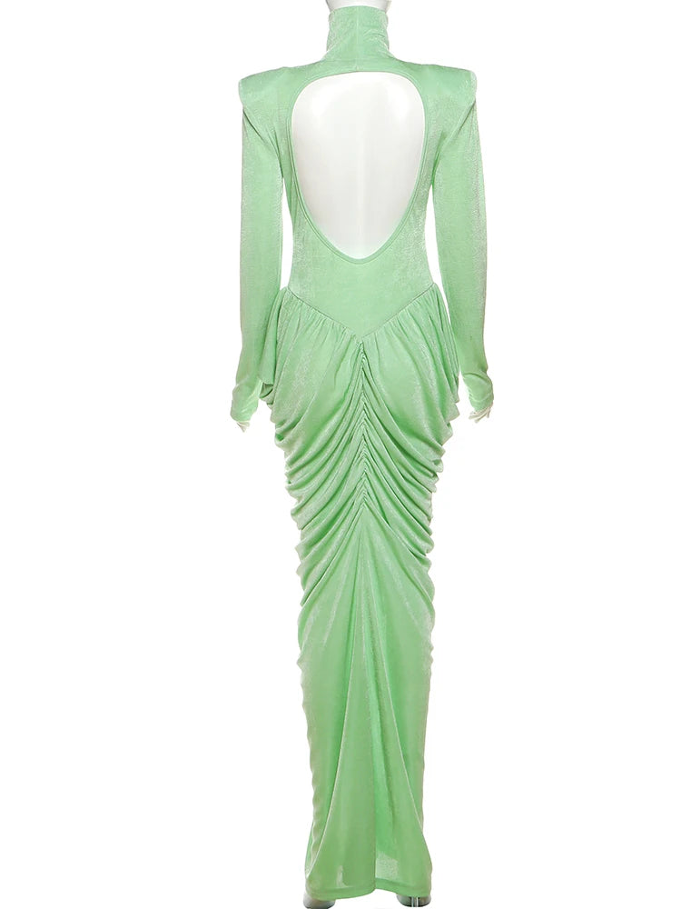 Elegant Ruched Backless Turtleneck Maxi Dress for Women