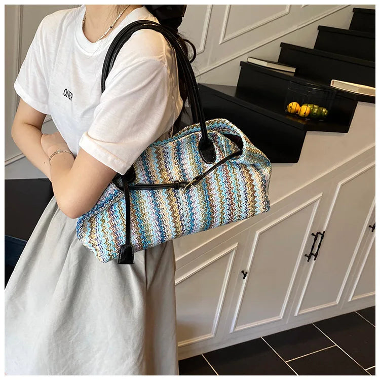 Large capacity rainbow woven tote bag, women's new versatile commuting beach bag, shoulder bag