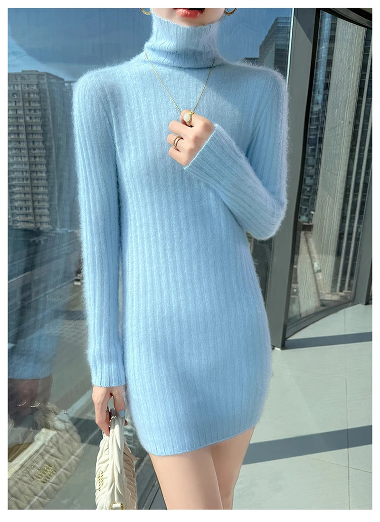 High Neck Slim Fit Stretch Knit Mini Dress for Women