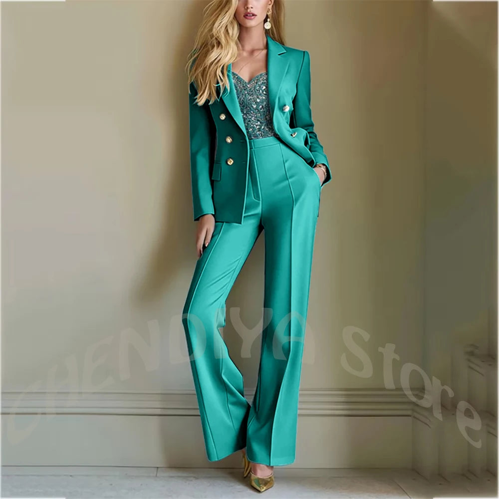 Solid Color Suit For Women High Quality Double Breasted Two Piece Notch Lapel Slim Fit Elegant Fashion Female Outfit Jacket Pant