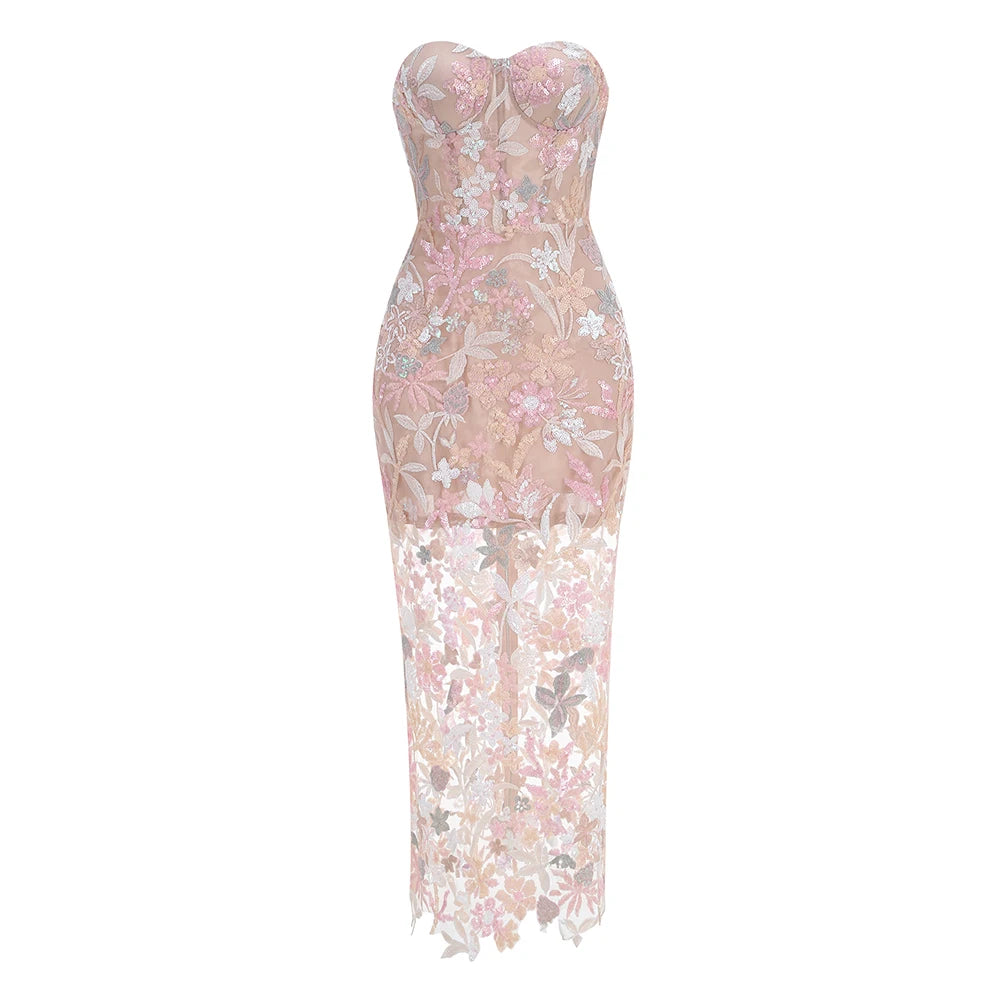 Floral Embroidery Sequin Patchwork Mesh Long Backless Dress for Women