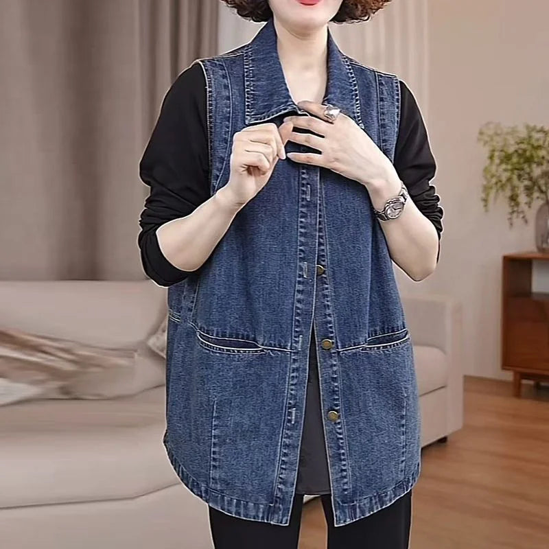 Lightweight Loose Denim Vest With Button Closure For Women