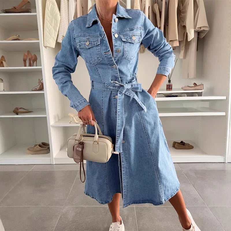 Casual A Line Single Breasted Denim Maxi Dress For Women