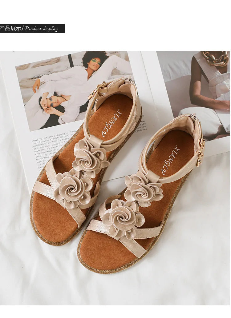 Strappy Bohemian Floral Printed Flat Sandals for Women