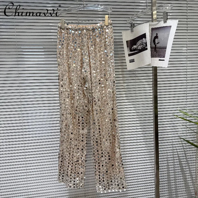 2026 Summer New Fashion Hot Girl Style Silver Sequin Tie-up Elastic Waist Pants - High Street Women's Versatile Casual Trousers