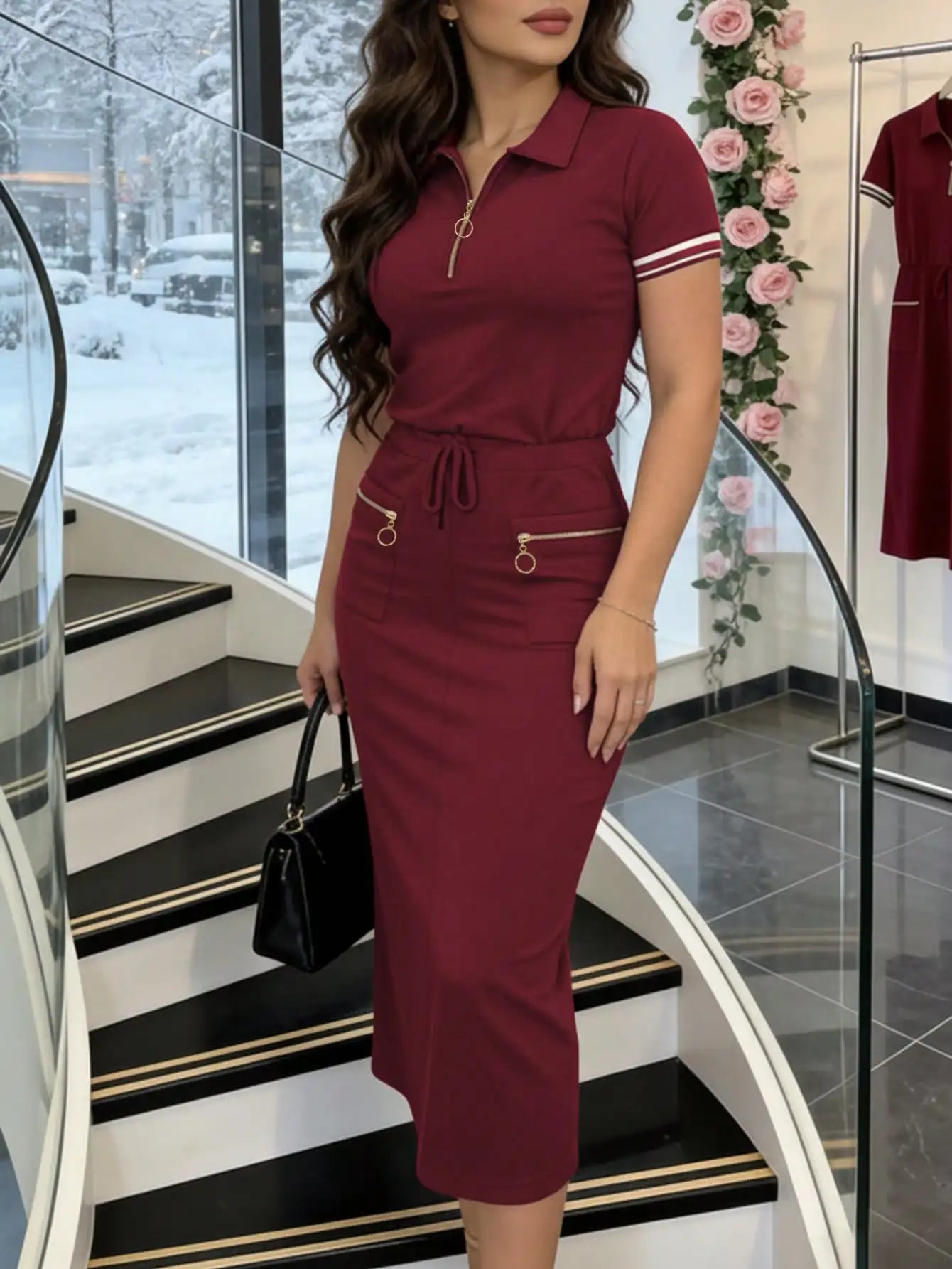 New Spring and Summer Women's Burgundy Notch Lapel Half-Zip Short-Sleeve T-Shirt with Color-Blocking Striped Cuffs, paired with a Drawstring Elastic Waist Zipper Pocket Front-Split Pencil Skirt Two-Piece Set