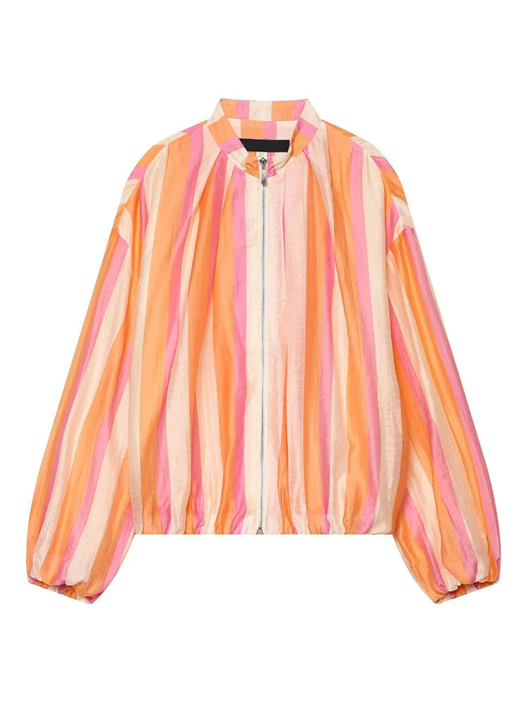 Elegant Striped with Stand Collar Jacket for Women