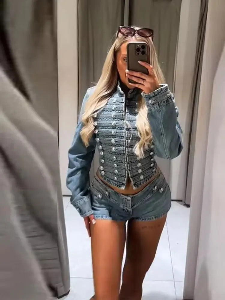 Vintage Inspired Retro Stand Collar Denim Jacket for Women