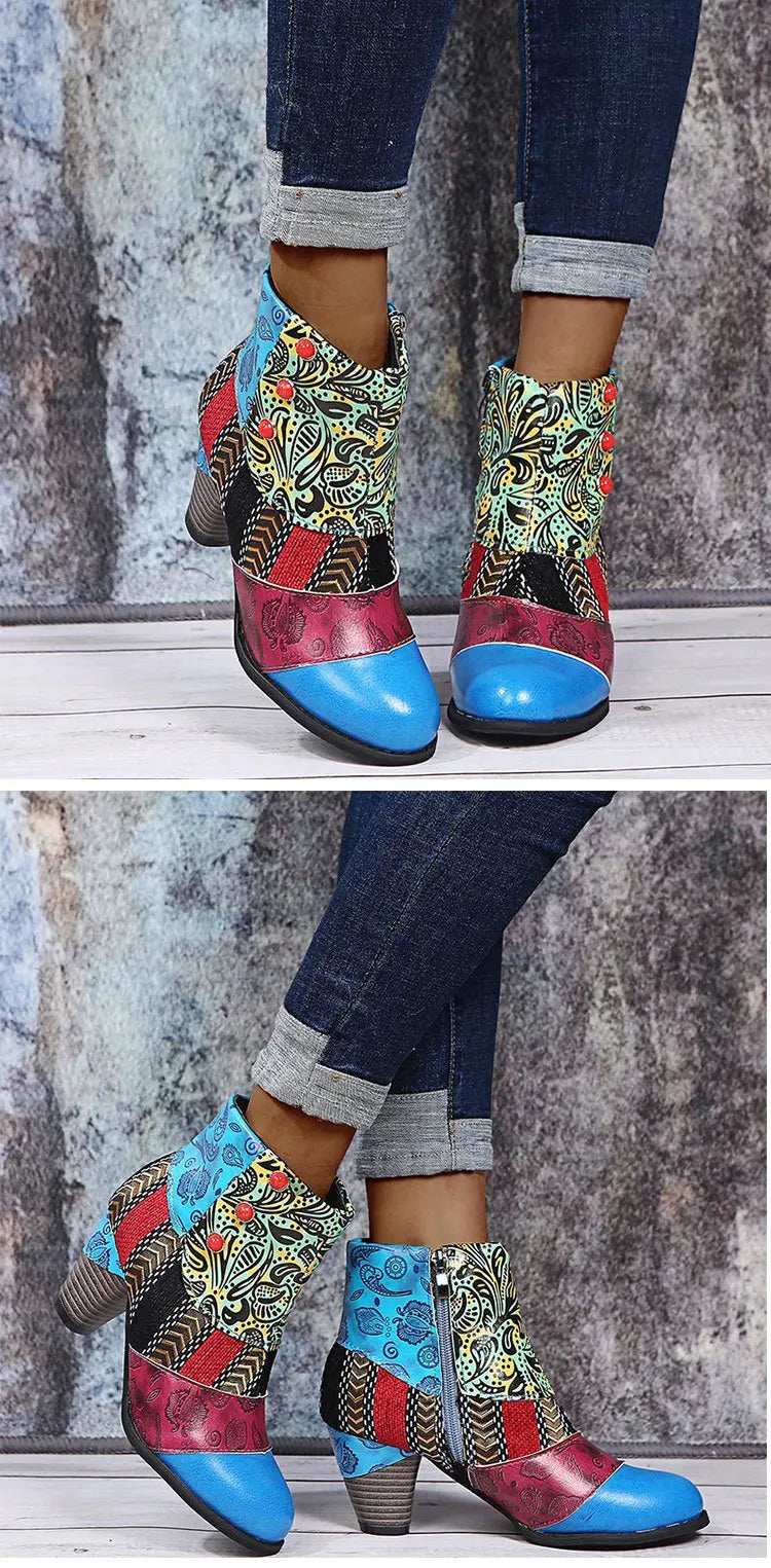 Vintage Printed Leather Zippered Ankle Boots for Women