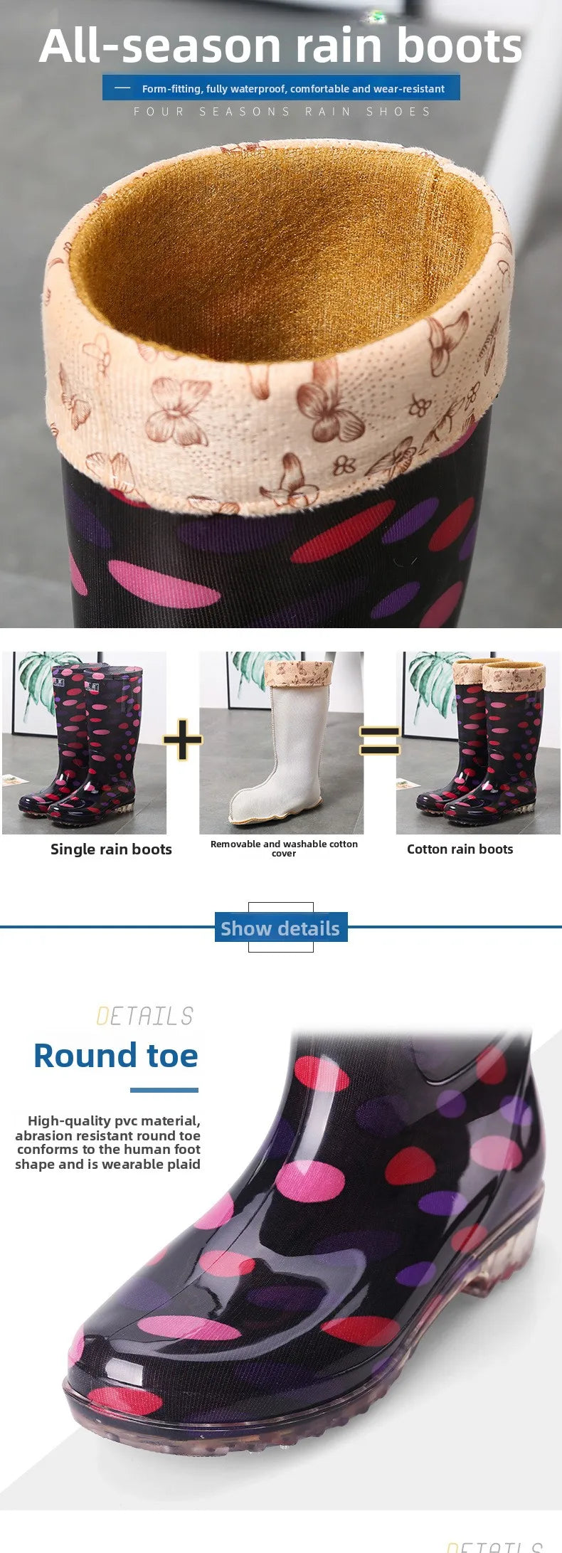 Floral Printed Anti Slip Comfortable Rain Boots For Women
