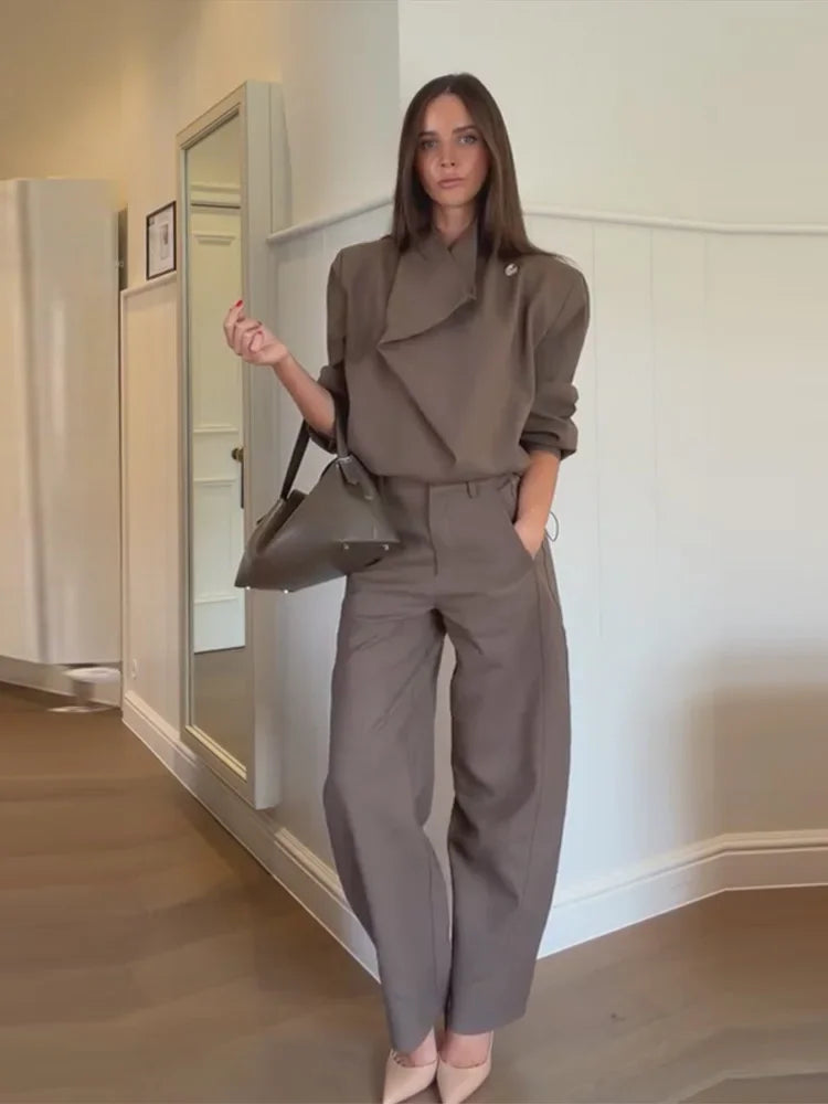 Solid Draped Funnel Neck Long Sleeve Wide Leg Two Piece Set For Women
