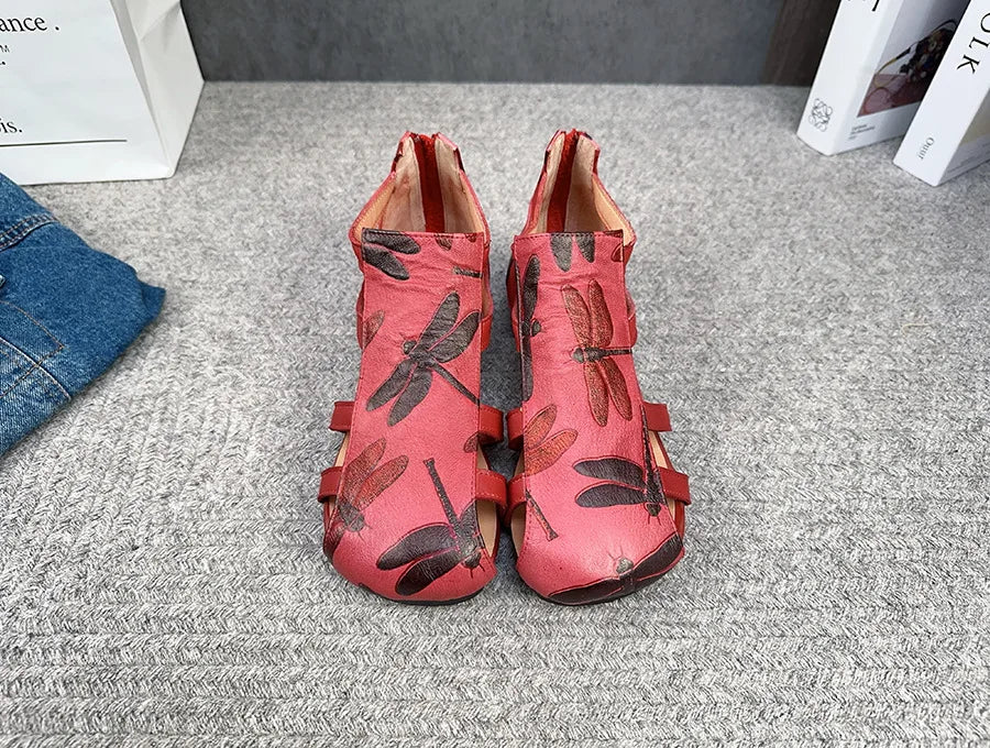 Flat Printed Genuine Leather Roman Sandals for Women