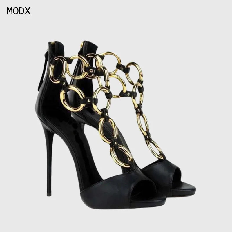 Black Leather Chain Link Peep Toe Stiletto Sandals for Women