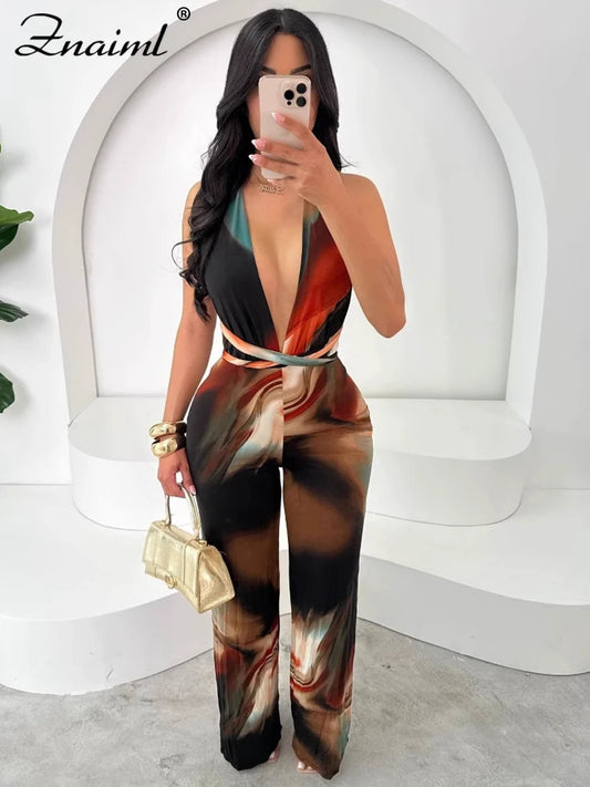 Znaiml Fashion Print Sleeveless Halter Deep V-neck High Waist Wide Leg Pants Women Sexy Night Club Birthday Jumpsuit Rompers