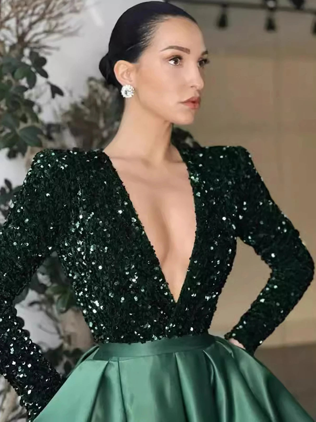 Sequin Deep V Neck Floor Length Evening Dress for Women