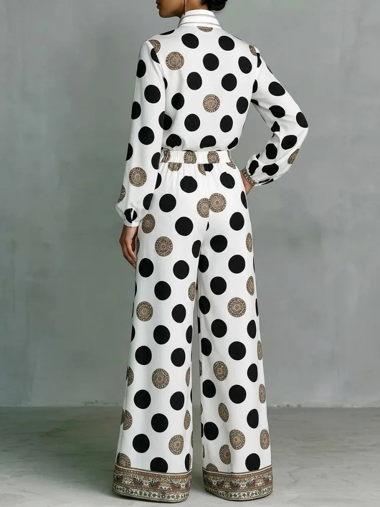 Floral Polka Dot Blouse And Wide Leg Pants Set for Women