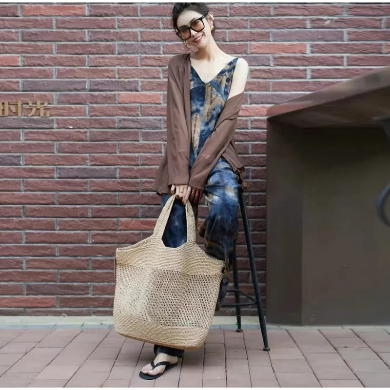 Handmade Straw Tote Bag Simple Versatile Y-shaped Luxury Fashion Shoulder Bag Women Holiday Dating Large Capacity Storage Bag
