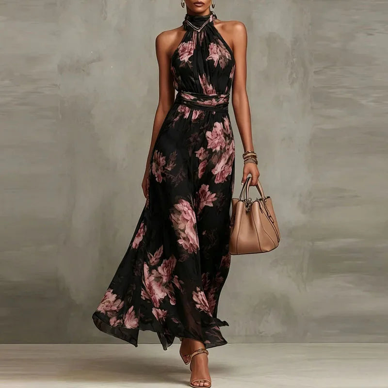Flowing Floral Halter Ruched Waist Maxi Dress for Women