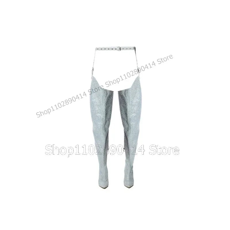 Light Blue Glitter Pointed Toe Stiletto Thigh High Boots For Women