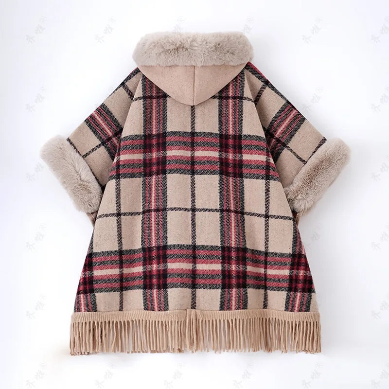 Faux Rabbit Fur Plaid Hooded Poncho Coat for Women