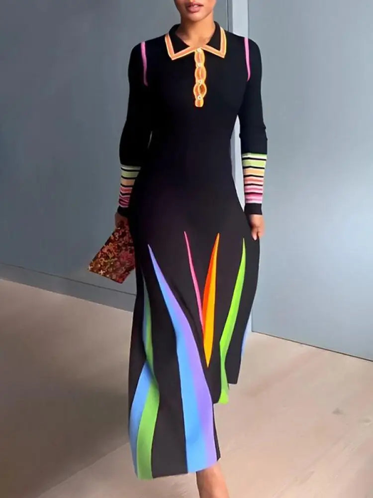 Printed Polo Neck Long Sleeve Mid Length Dress For Women