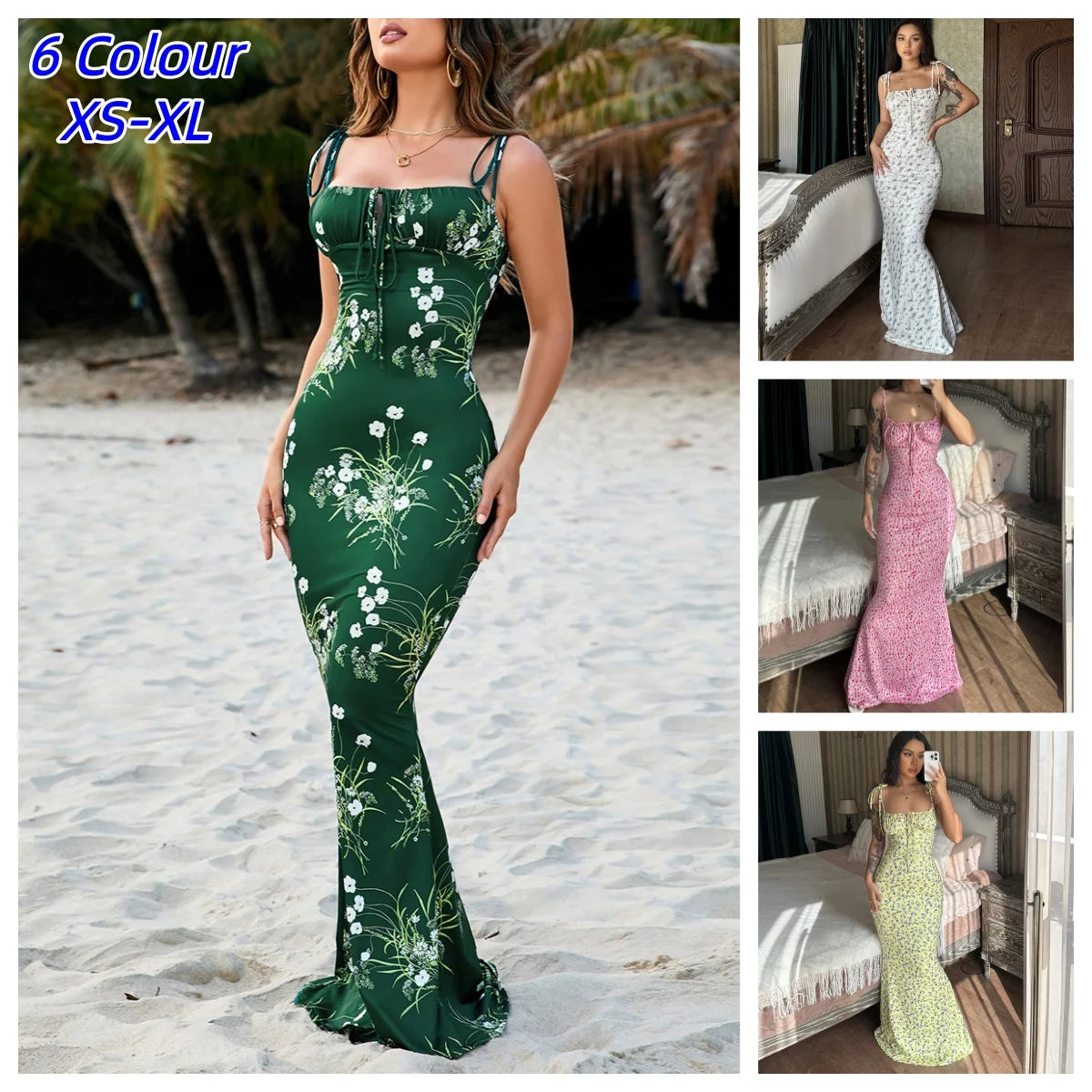 Sleeveless Floral Print Lace Up Backless Maxi Dress for Women