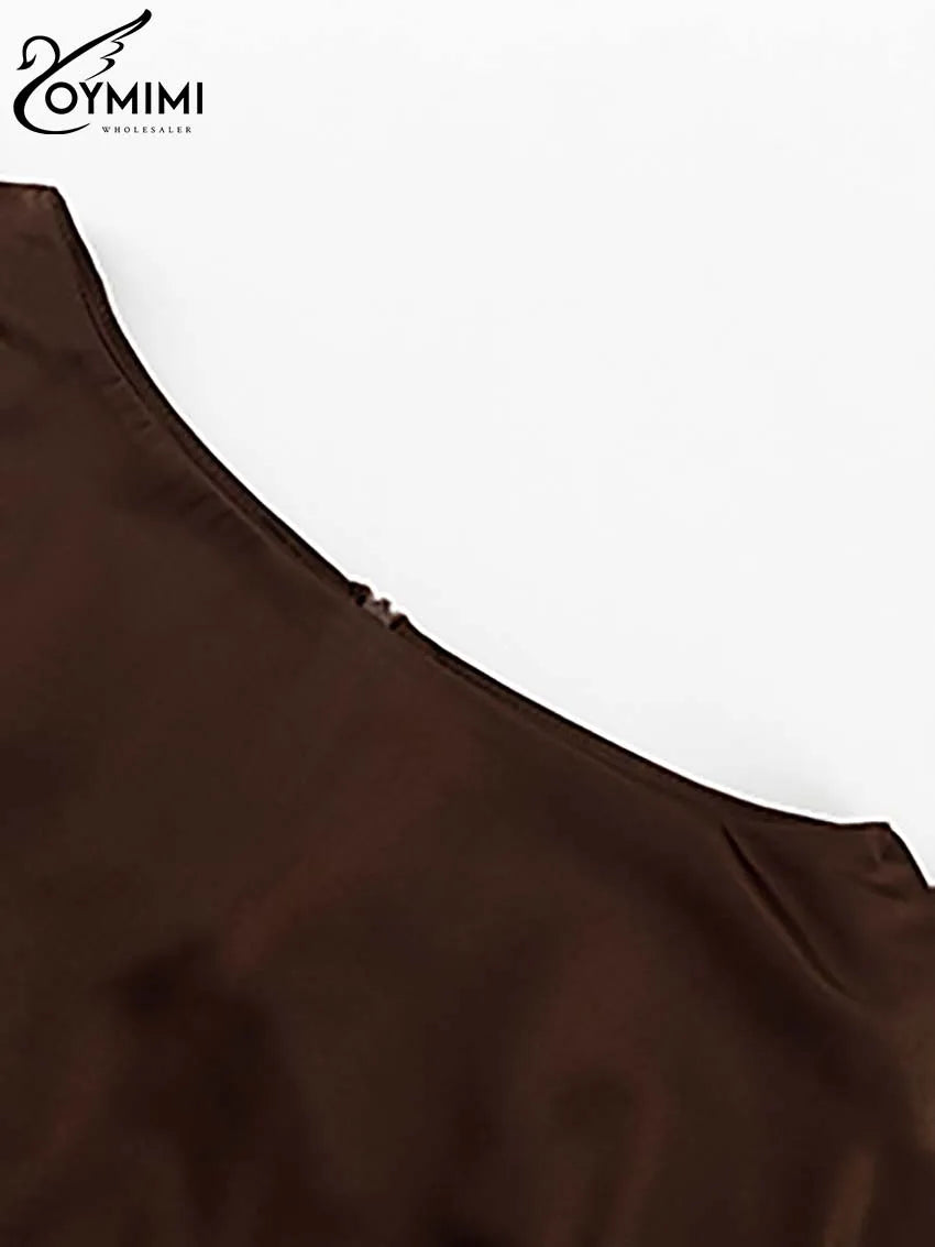 Oymimi Elegant Brown O-Neck Womens Dresses Fashion Short Sleeve Slim Solid Dresses Casual Slim Floor-Length Dress Streetwear