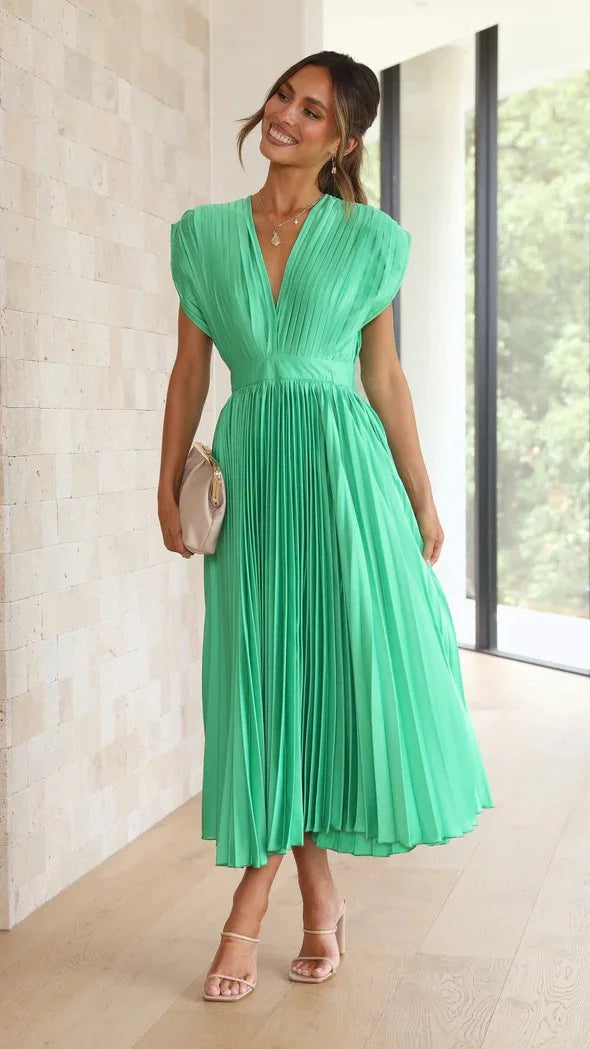 Elegance Draped V-Neck Pleated Skirt Dress 2025 Women Solid Strapless Backless Patchwork Loungewear Simple Maxi Dress