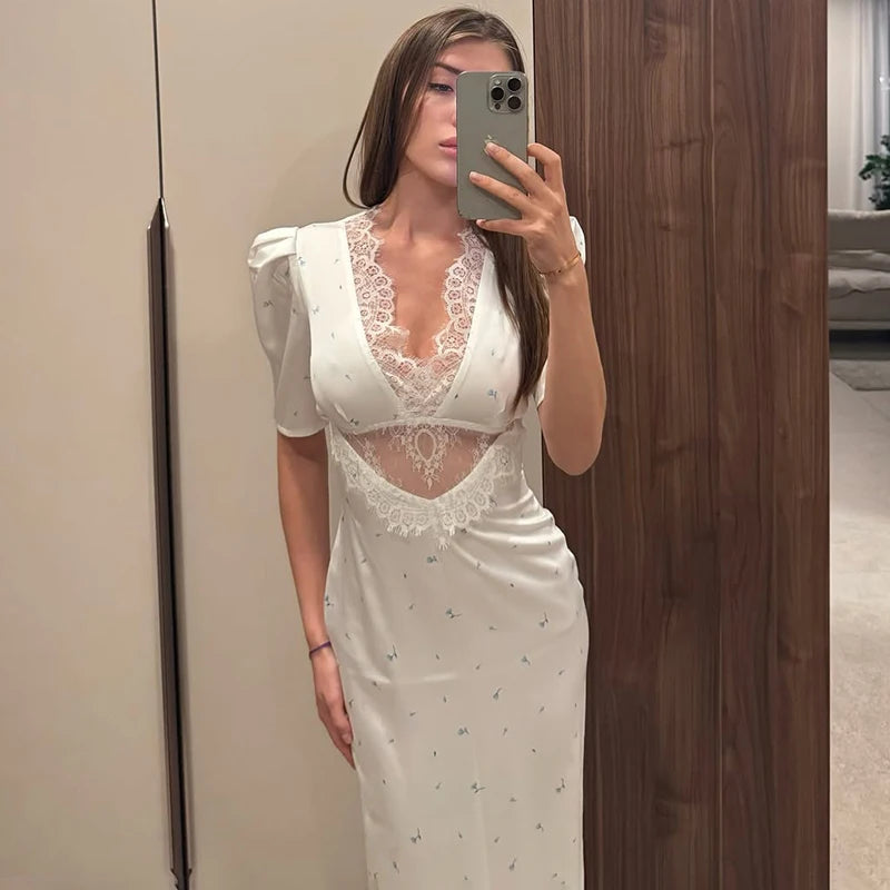 Floral Print Hollow Lace Dress