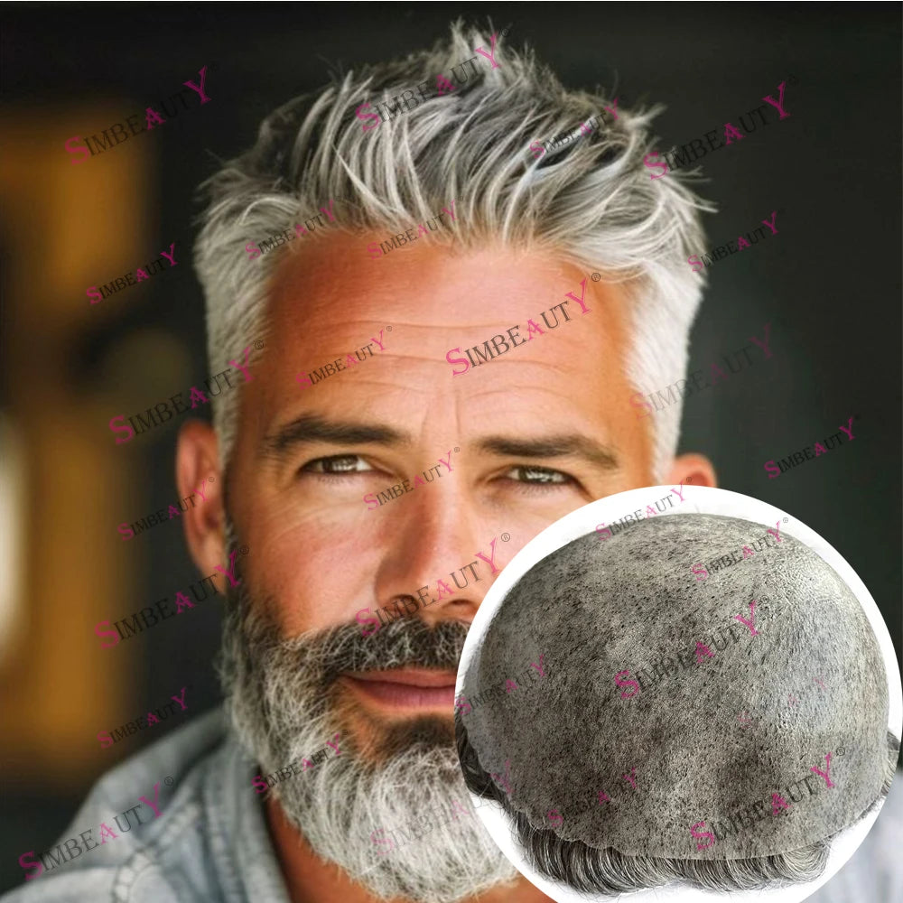 Natural Gray Human Hair Toupee With Realistic Hairline for Men