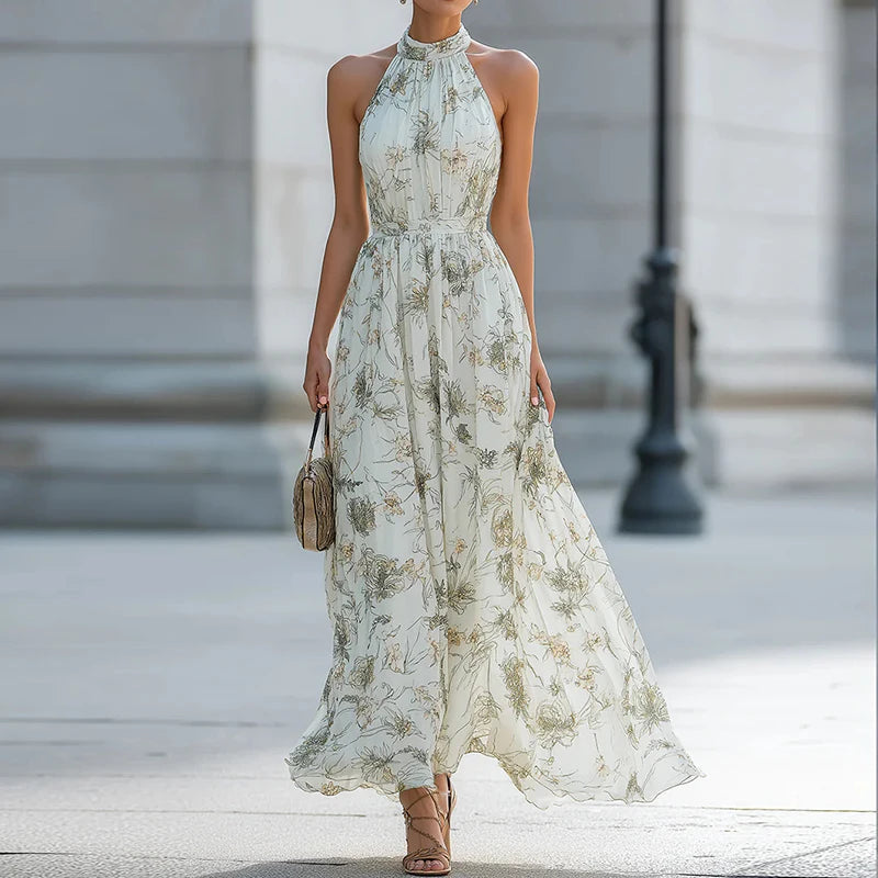Floral Print Off Shoulder Chiffon Maxi Dress for Women