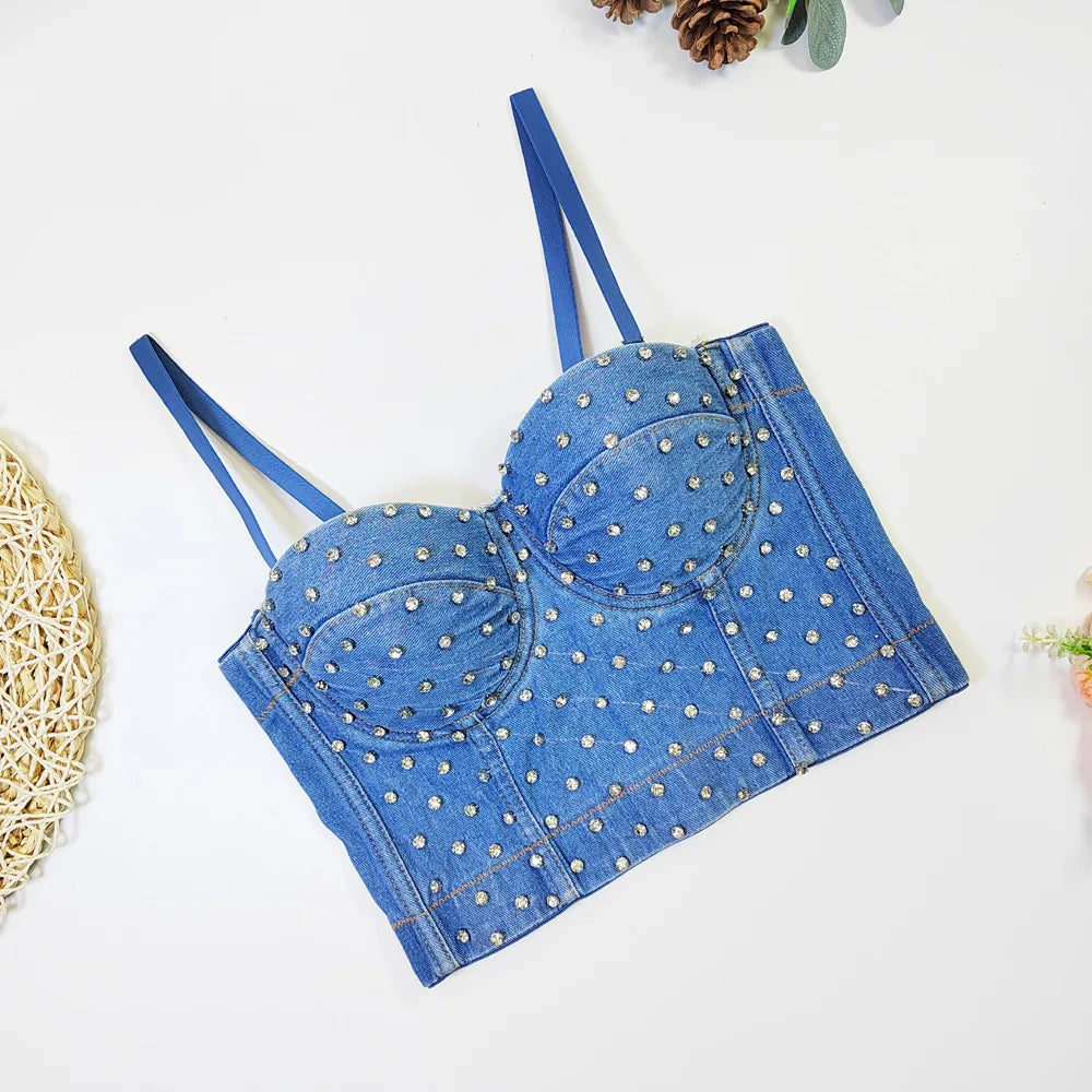 Denim Rhinestone Beaded Spaghetti Strap Bustier for Women
