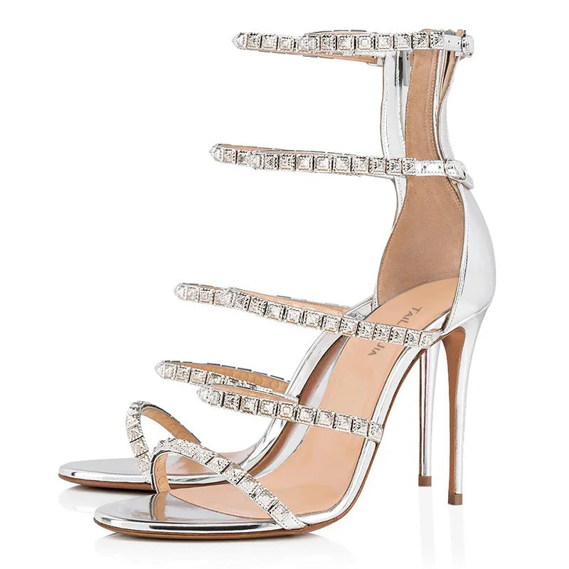 Gold Metallic Open Toe Stiletto Sandals With Ankle Strap for Women