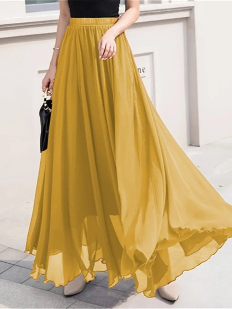 Elegant Solid Color Chiffon A-Line Skirt with High Waist for Women