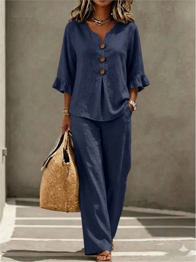 V-Neck Ruffled Two-Piece Top and Wide-Leg Pants Set for Women