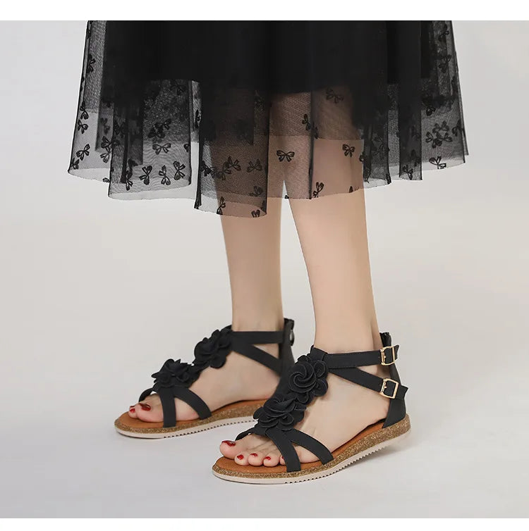 Strappy Bohemian Floral Printed Flat Sandals for Women