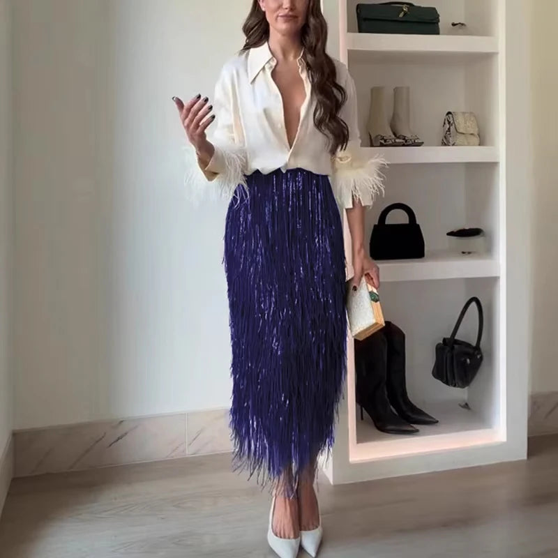 Fashion Lapel Button Shirt & Fringed Skirt Set Women Casual Long Sleeve Party Skirt Outfits Elegant Sequined Long Skirt 2Pc Suit