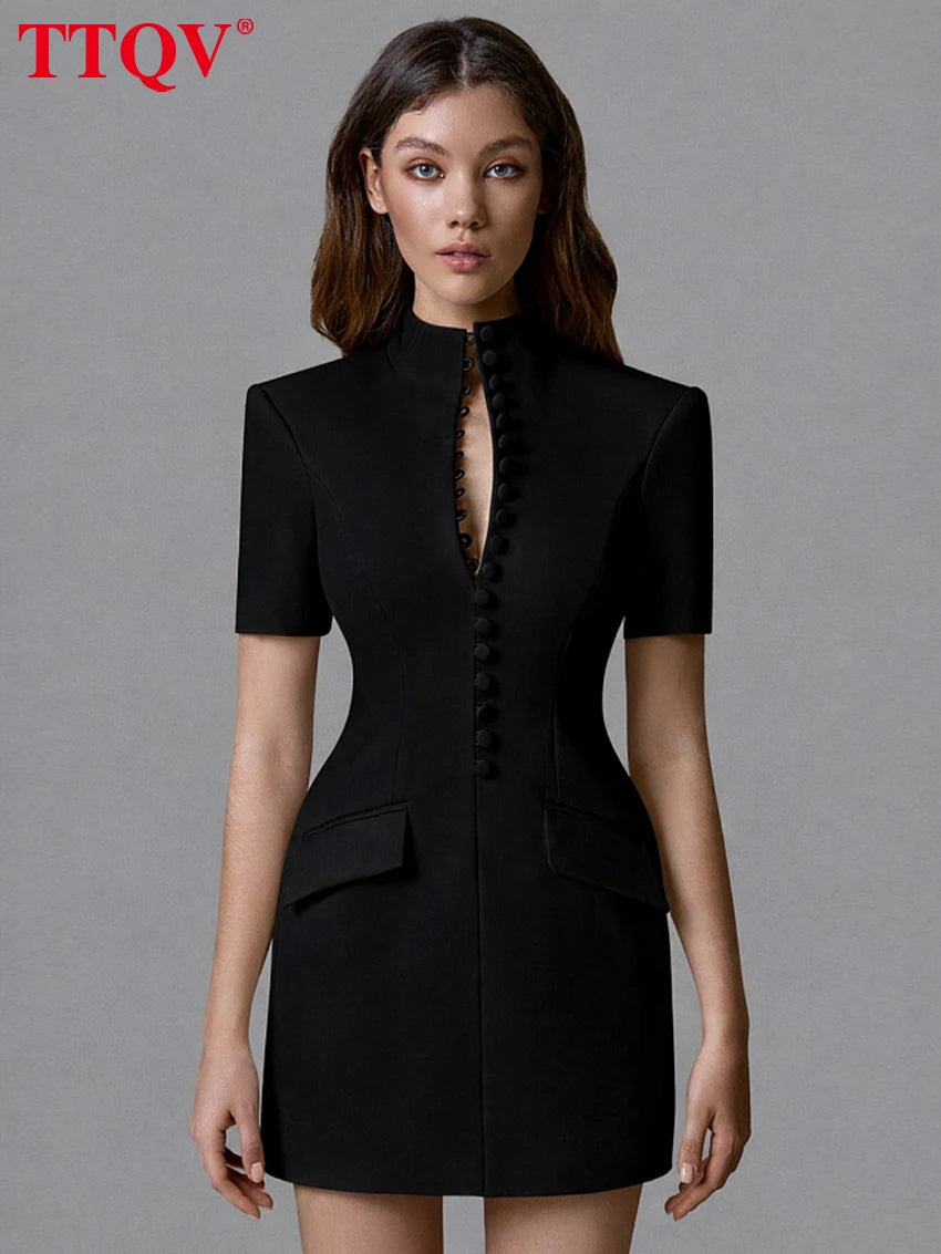 Elegant Slim Fit Stand Collar Short Sleeve Mini Dress for Women