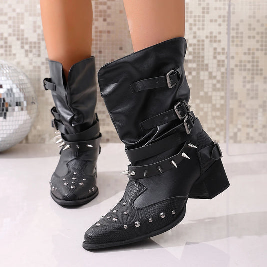 Wedge Single Shoes Four Seasons Square Toe Sleeve Metal Belt Buckle Anti-Slip Wear-Resistant Short Shoes