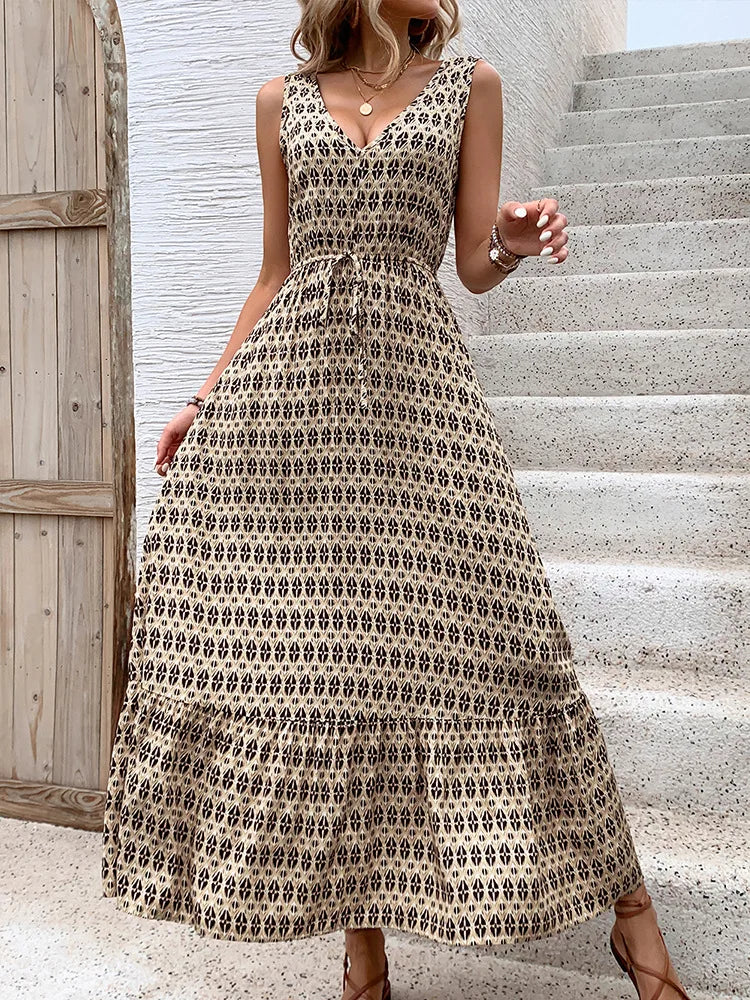 Printed Spaghetti Strap V-Neck Dress With Waist Tie for Women