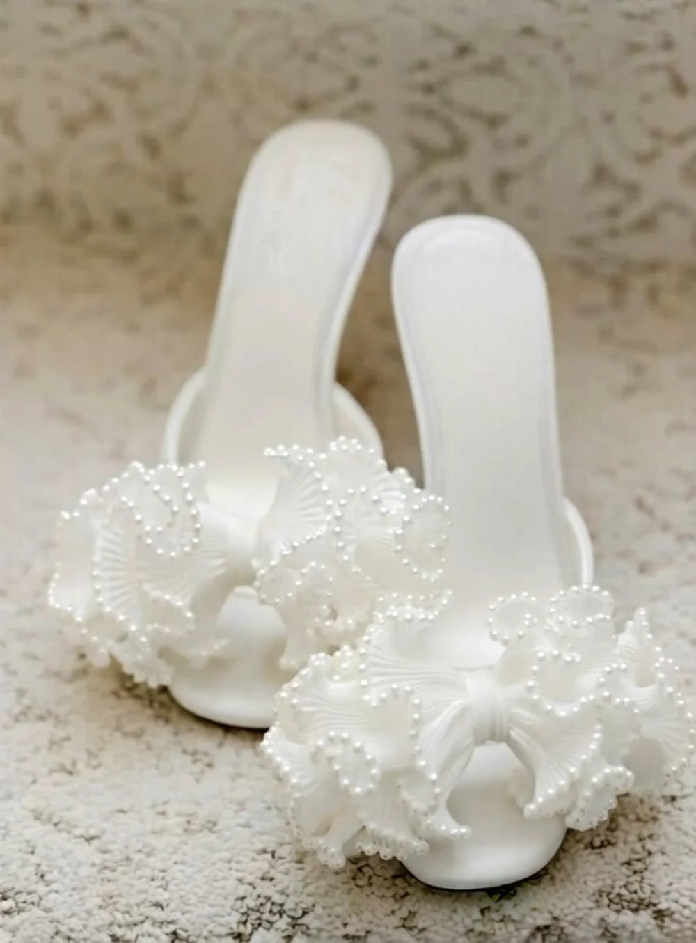 White Pearl Ruffle Bow Peep Toe Sandals